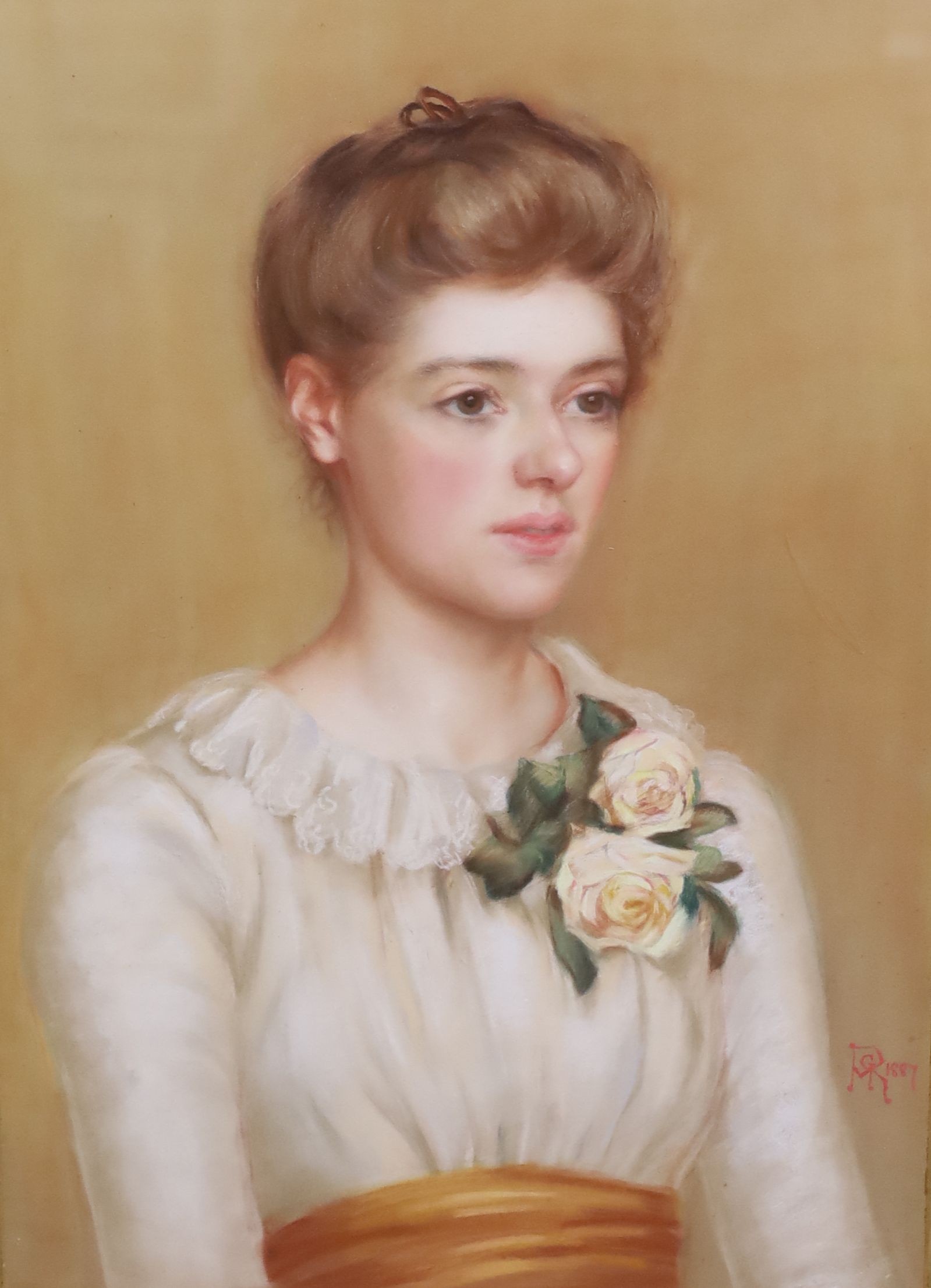 MRG 1887, Portrait of a young lady wearing a rose corsage, pastel, 64 x 45cm